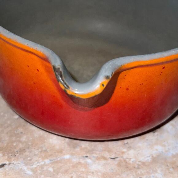 Vintage Le Creuset #14 cm Flame Orange Enamel Cast Iron Saucepan w/ Wood Handle - Picture 2 of 13